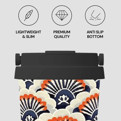 Product with decorative pattern and text highlighting features on a light gray background