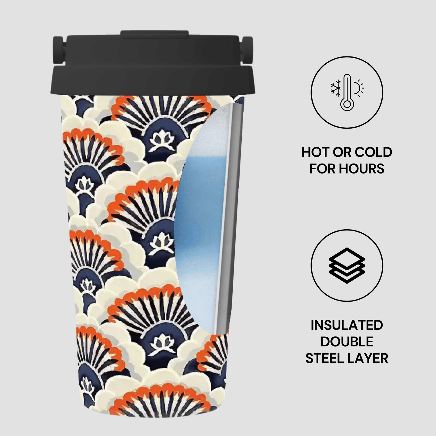 Insulated tumbler with geometric pattern on a light gray background