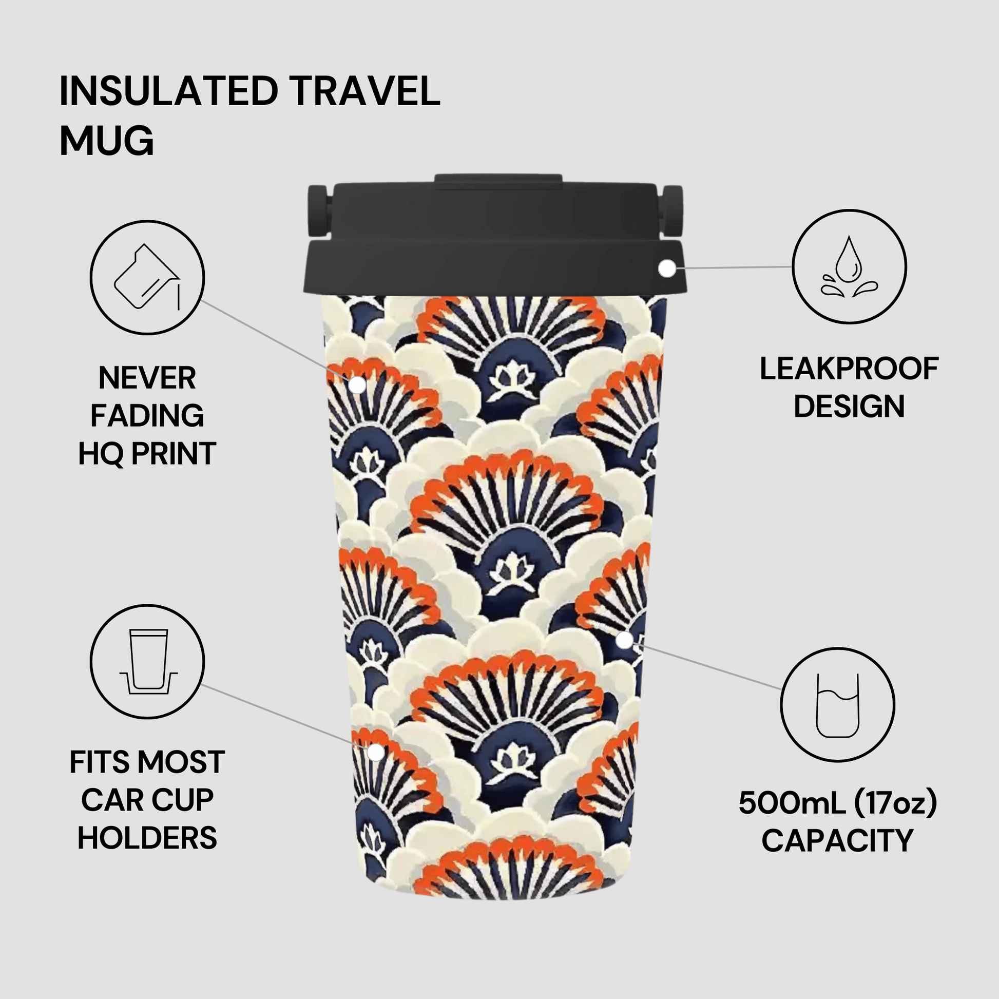 Insulated travel mug with floral pattern on a light gray background