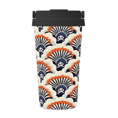 Tumbler with a colorful geometric pattern on a white background