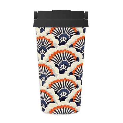 Tumbler with a colorful geometric pattern on a white background