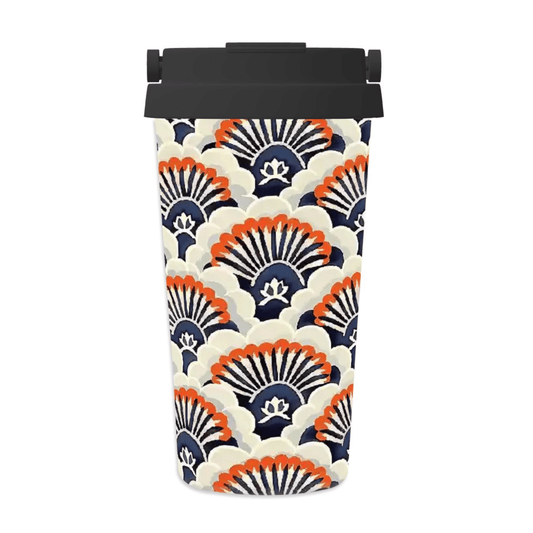 Tumbler with a colorful geometric pattern on a white background