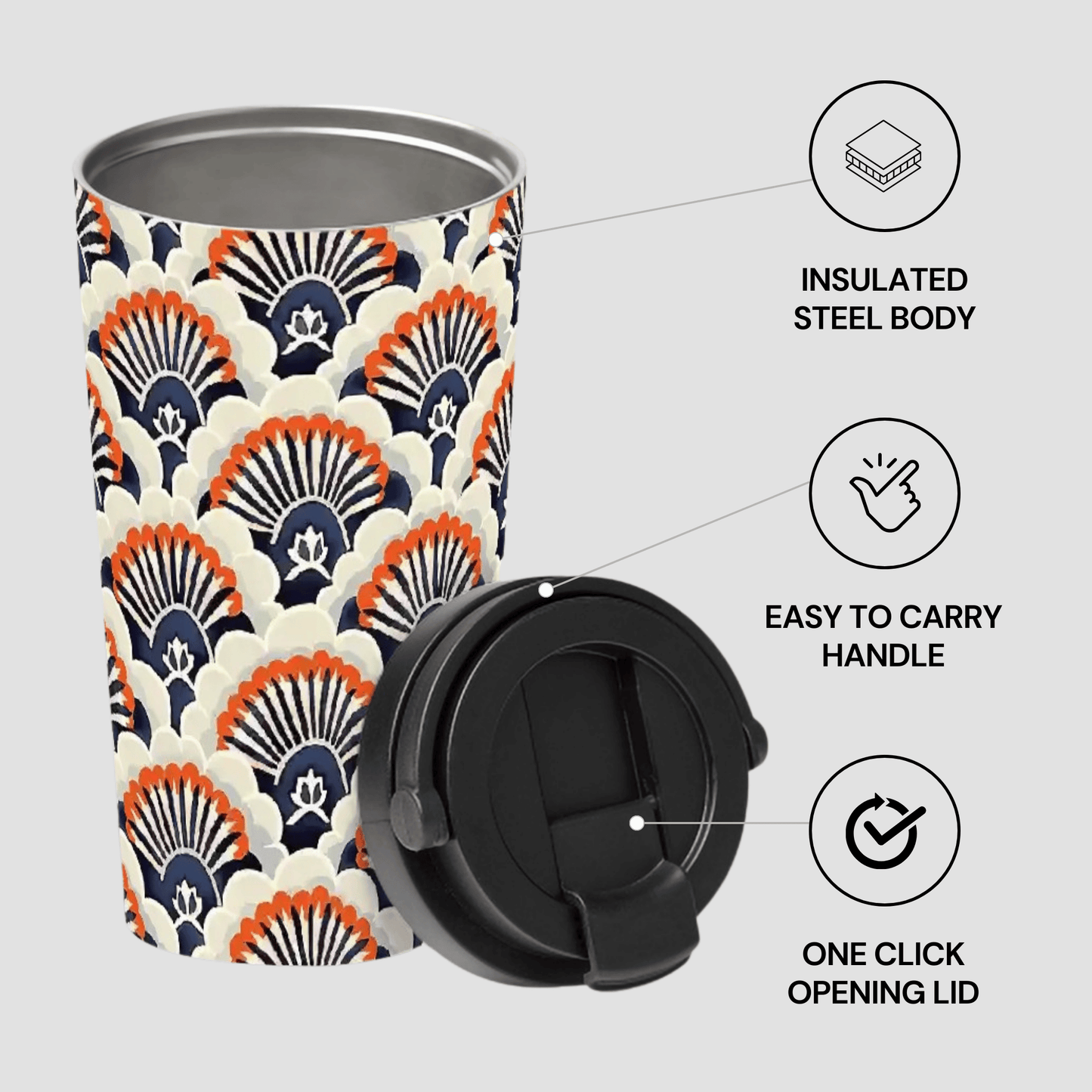 Tumbler with shell pattern, black lid, and features highlighted on a white background