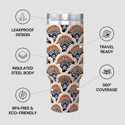 Tumbler with shell pattern and features listed on a gray background