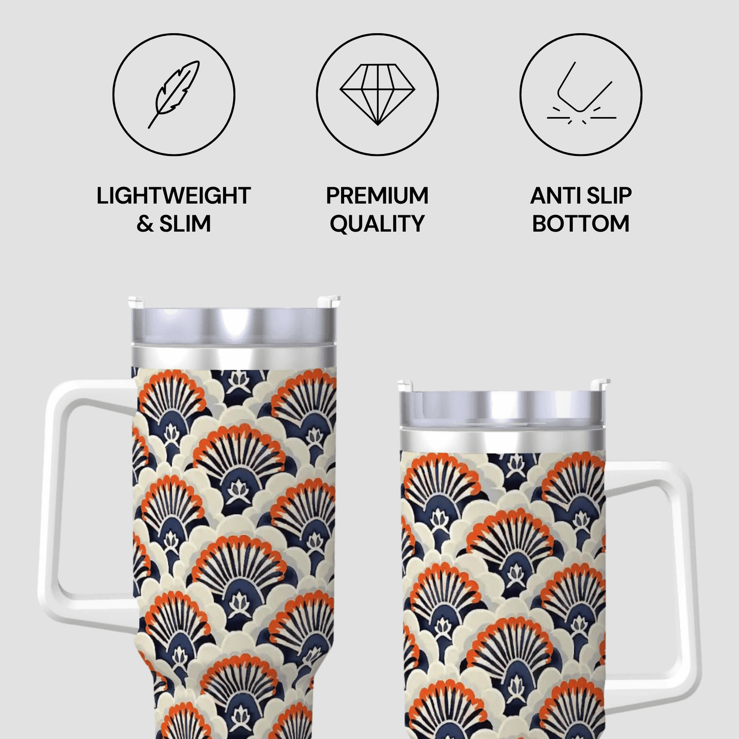 Two patterned tumblers with icons and text describing features on a light gray background