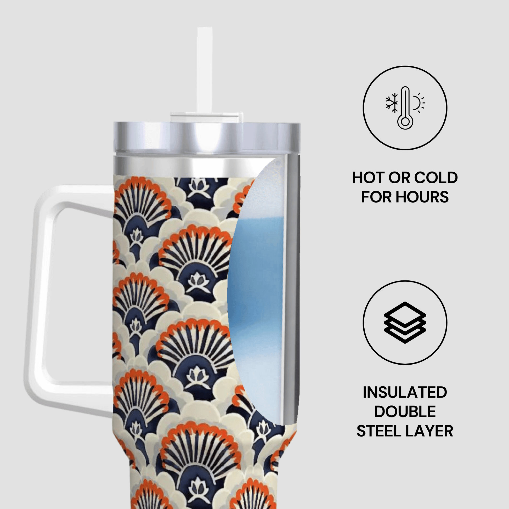 Insulated tumbler with a shell pattern on a white background