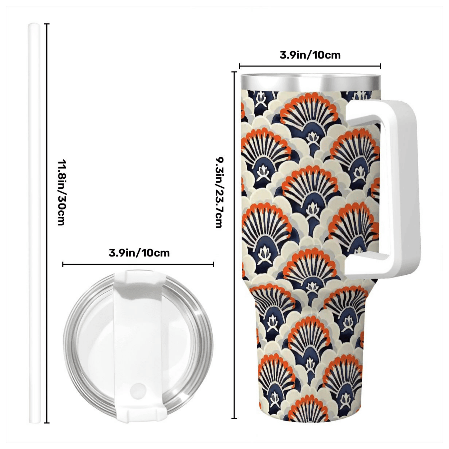 Tumbler with shell pattern and measurements on a white background