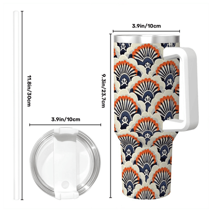 Tumbler with shell pattern and measurements on a white background