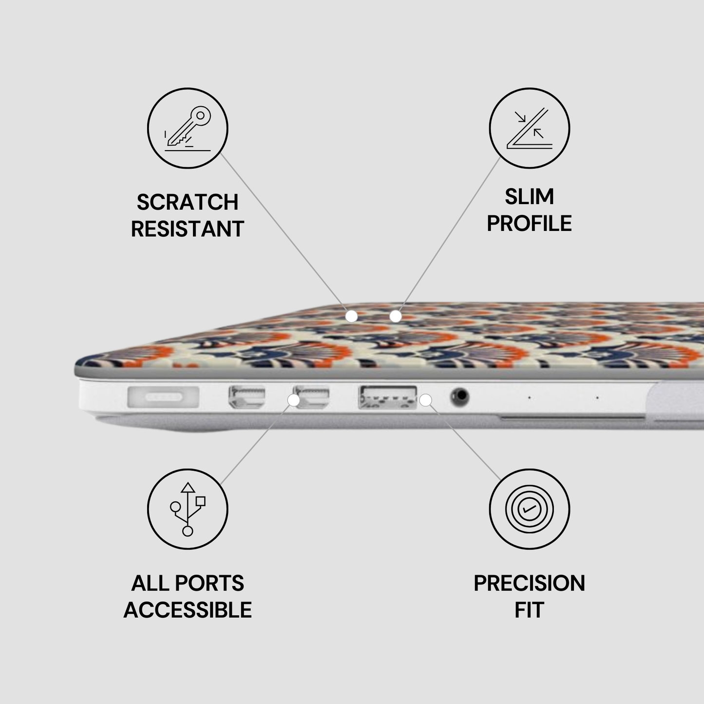 Laptop case with features labeled on a light gray background
