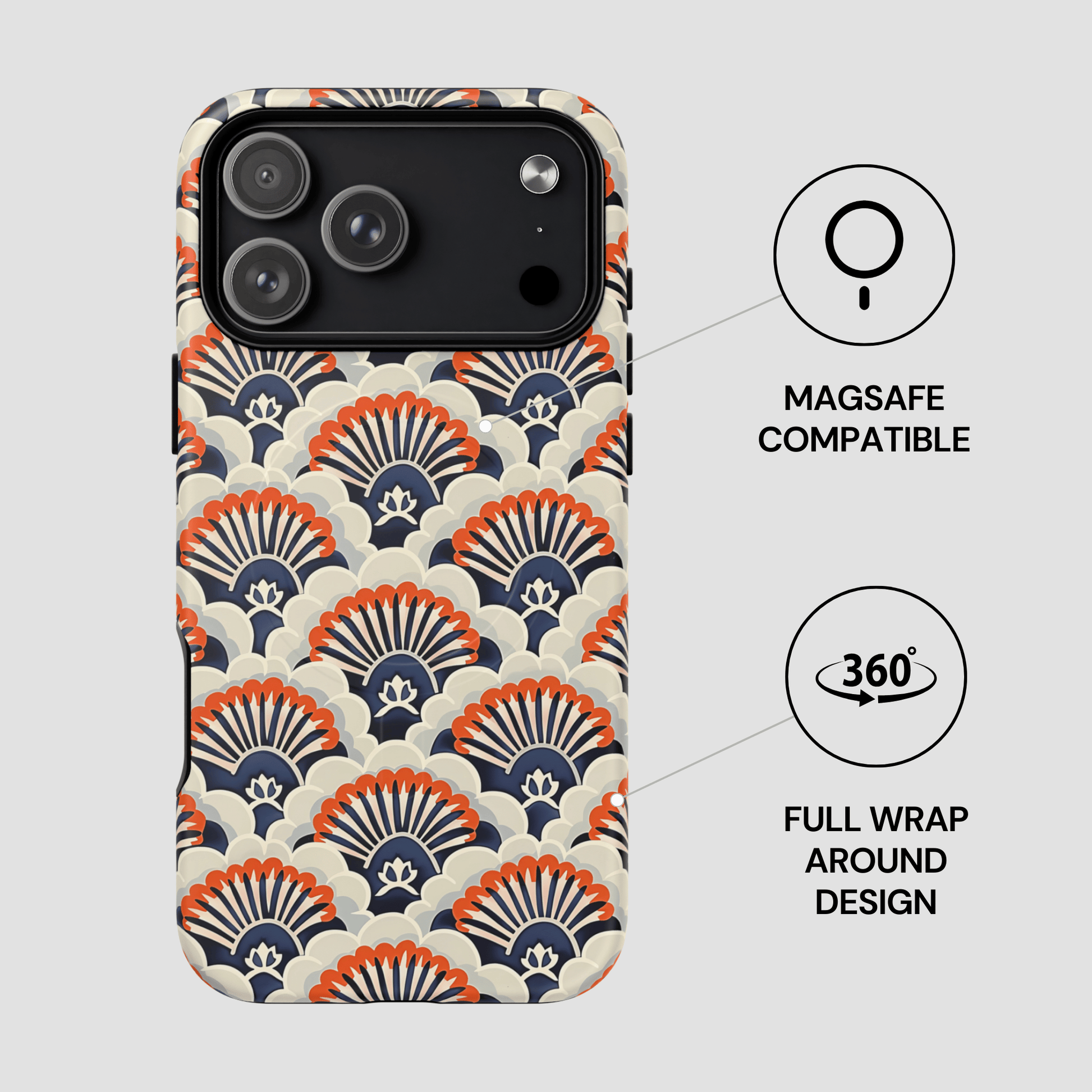 Phone case with geometric pattern and Magsafe compatibility on a light gray background
