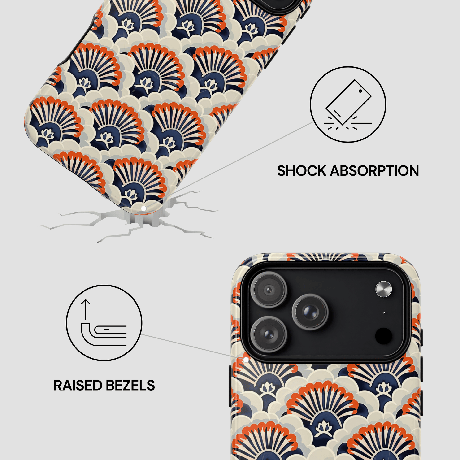 Phone case with geometric pattern and features highlighted on a white background