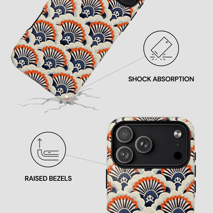 Phone case with geometric pattern and features highlighted on a white background