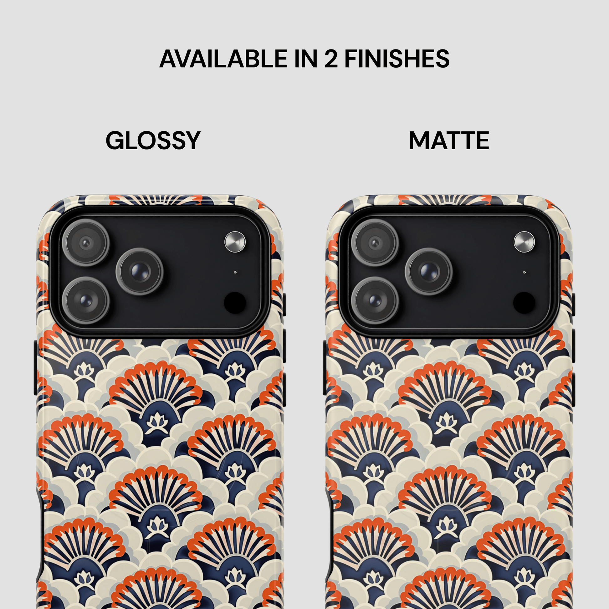 Two phone case designs with a pattern, labeled 'Glossy' and 'Matte', on a light gray background.