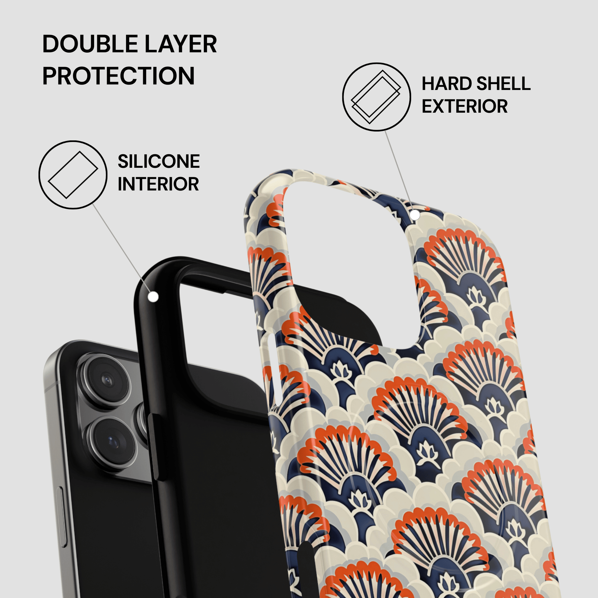Phone case with double layer protection features and a colorful shell pattern.