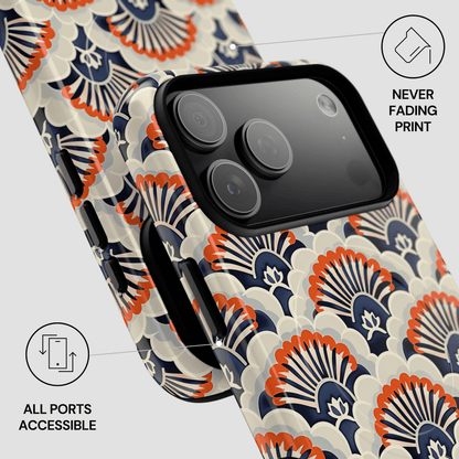 Phone case with geometric pattern on a light gray background