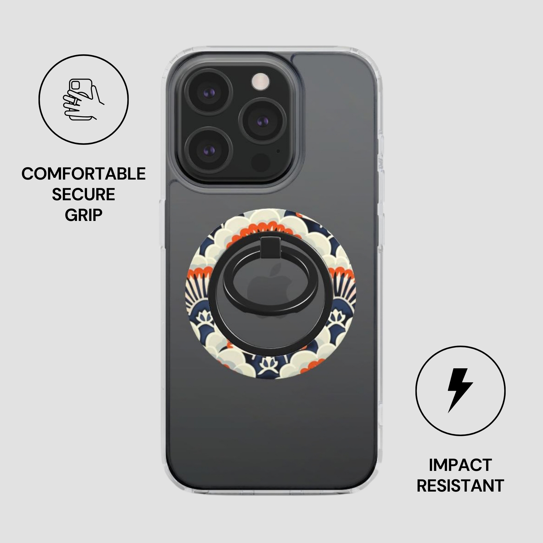 Phone case with a decorative ring holder on a gray background