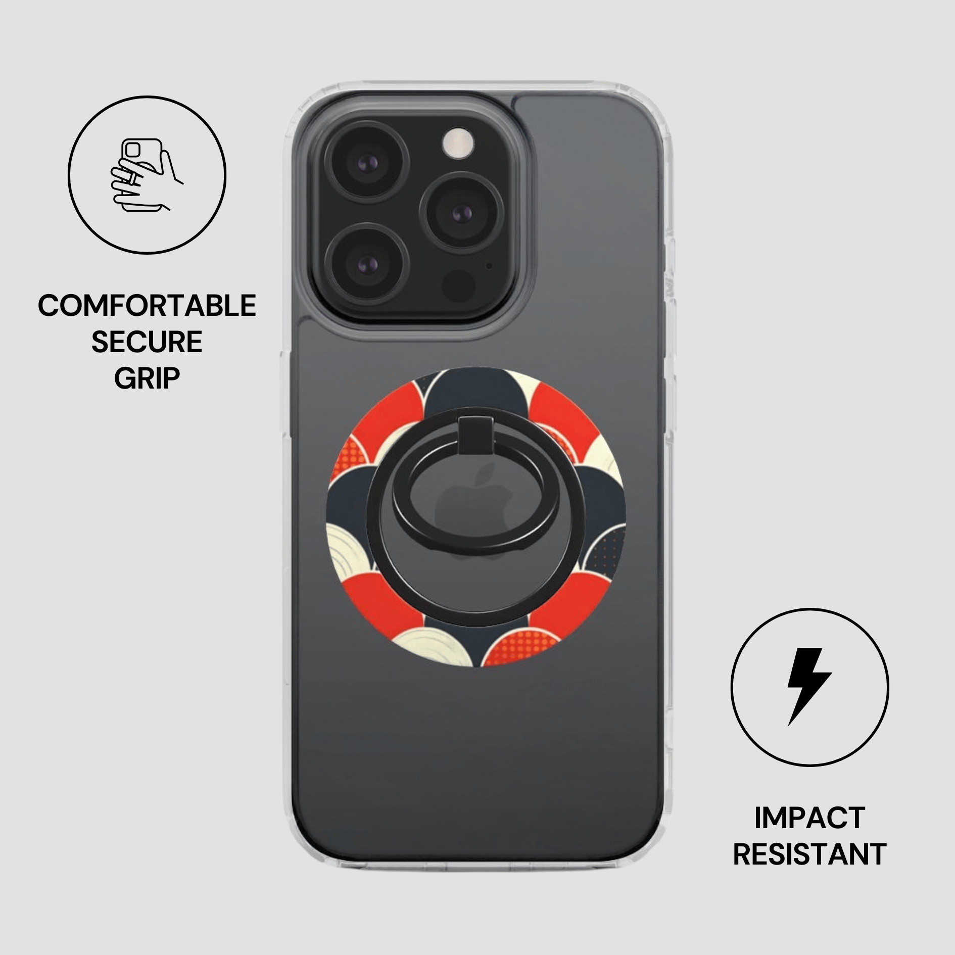 Phone case with a ring holder on a gray background