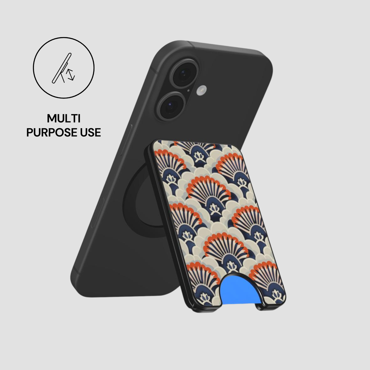 Midnight Crest Magnetic Wallet shown attached to a phone in a magnetic setup