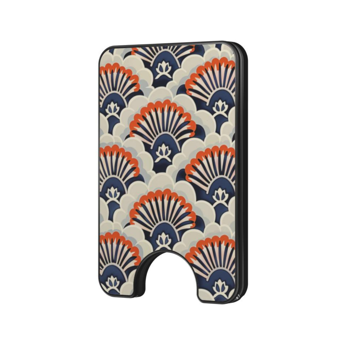 Midnight Crest Magnetic Wallet with navy, cream, and orange fan pattern