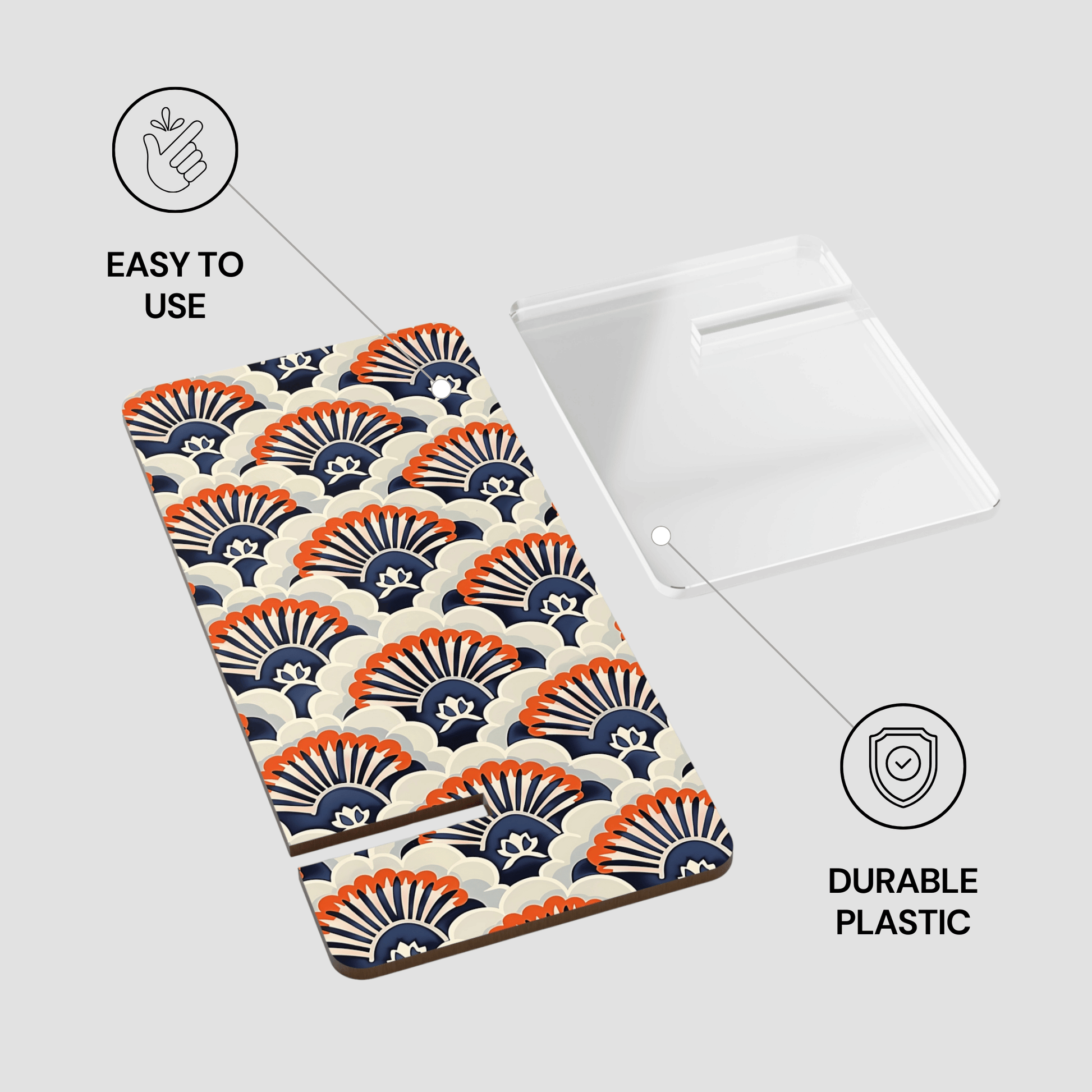 Patterned phone case with text 'Easy to use' and 'Durable plastic' on a white background