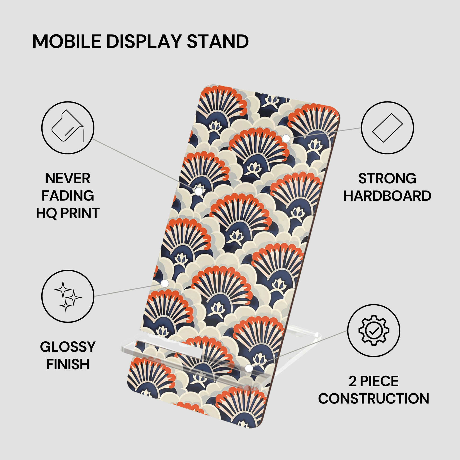 Mobile display stand with decorative pattern on a gray background