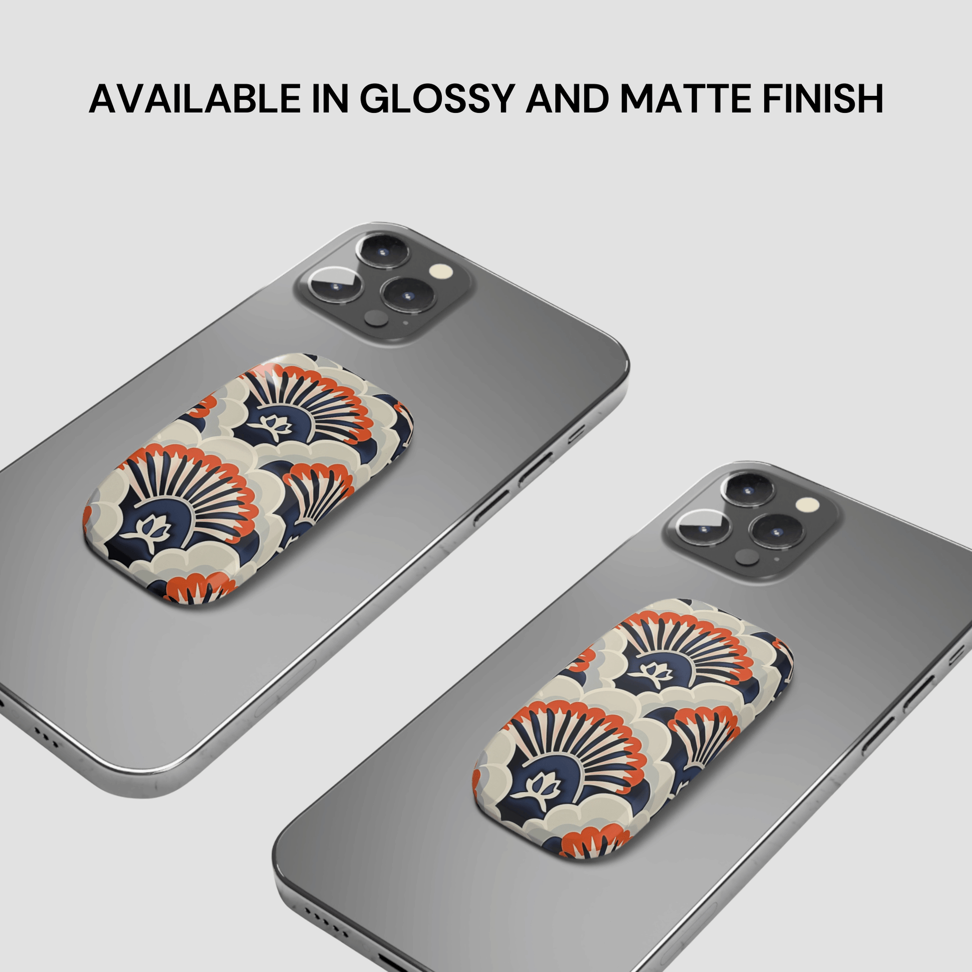 Two phone cases with a floral design on a gray background, text indicating finish options.