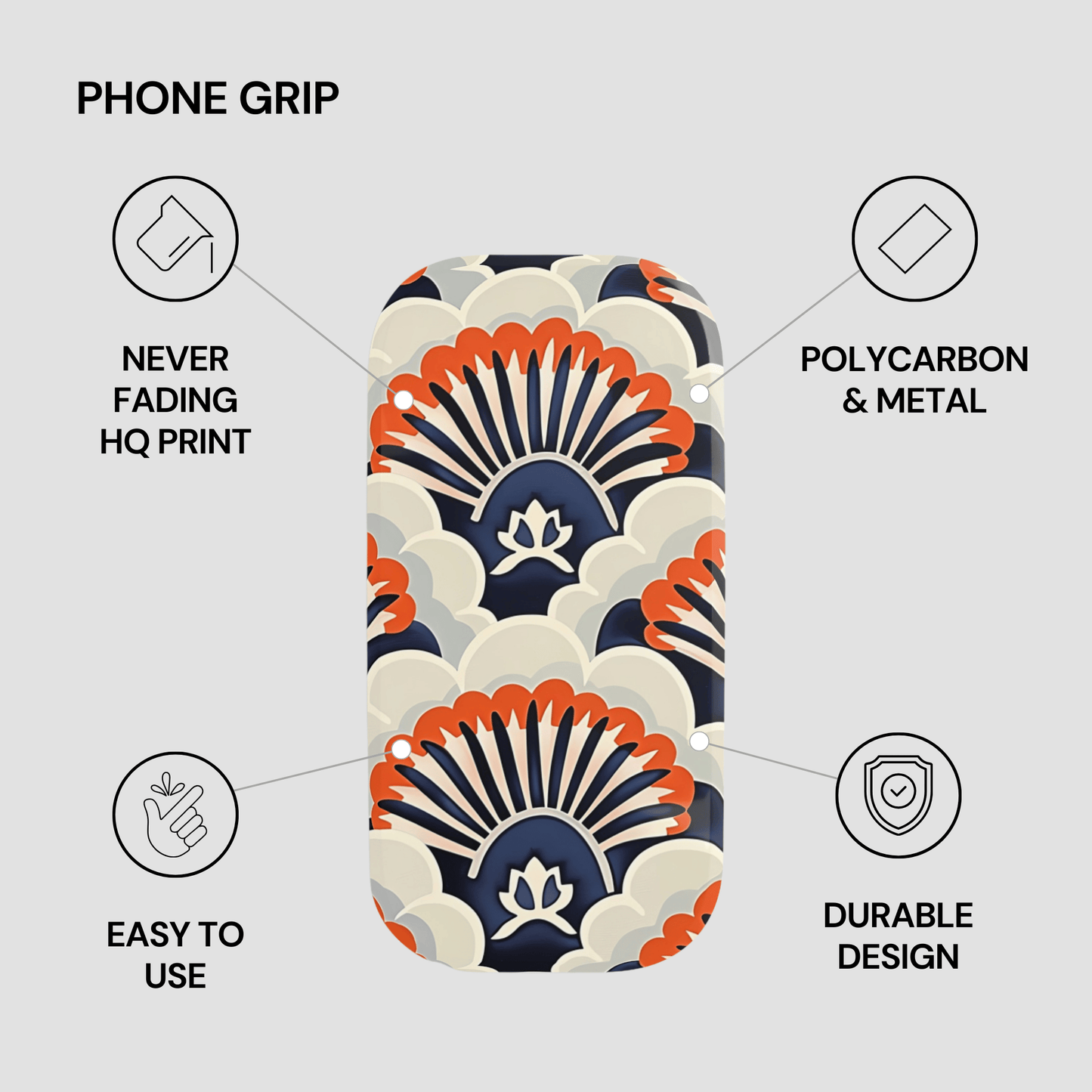 Phone grip with floral design and features listed on a gray background