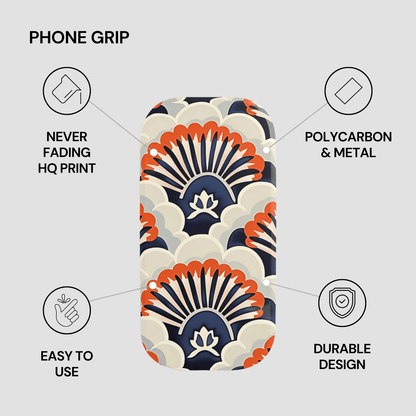 Phone grip with floral design and features listed on a gray background