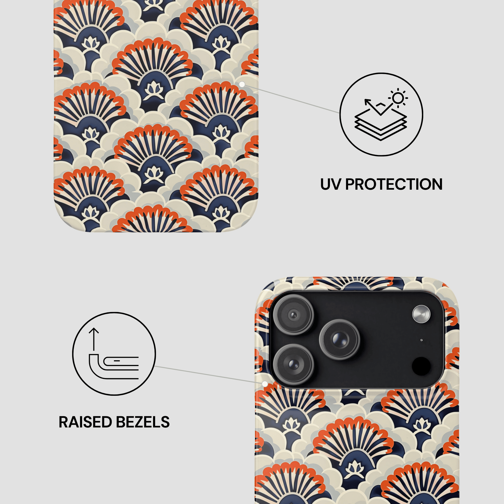 Phone case with geometric pattern and UV protection and raised bezels features