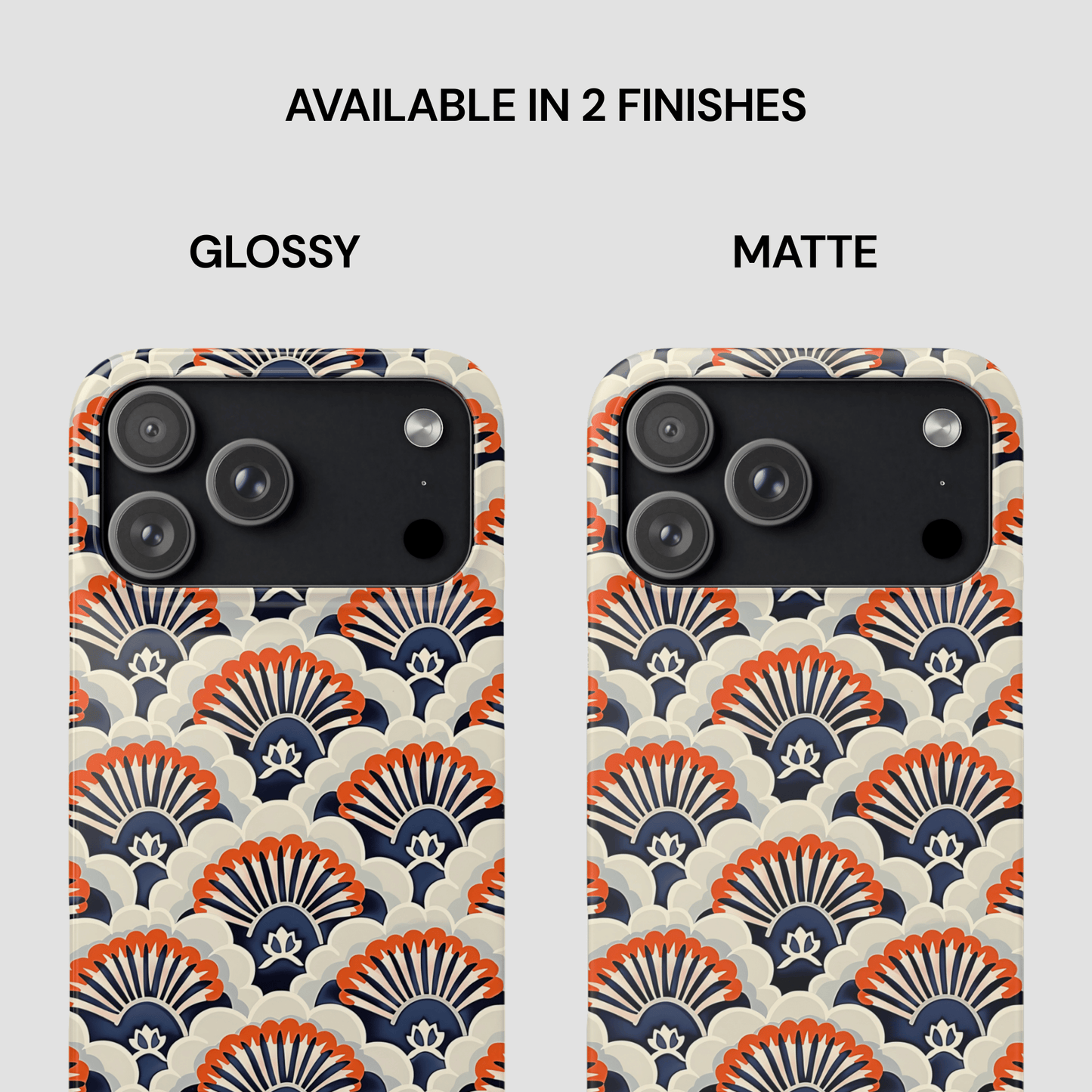 Two phone cases with a geometric pattern, one glossy and one matte, on a white background.