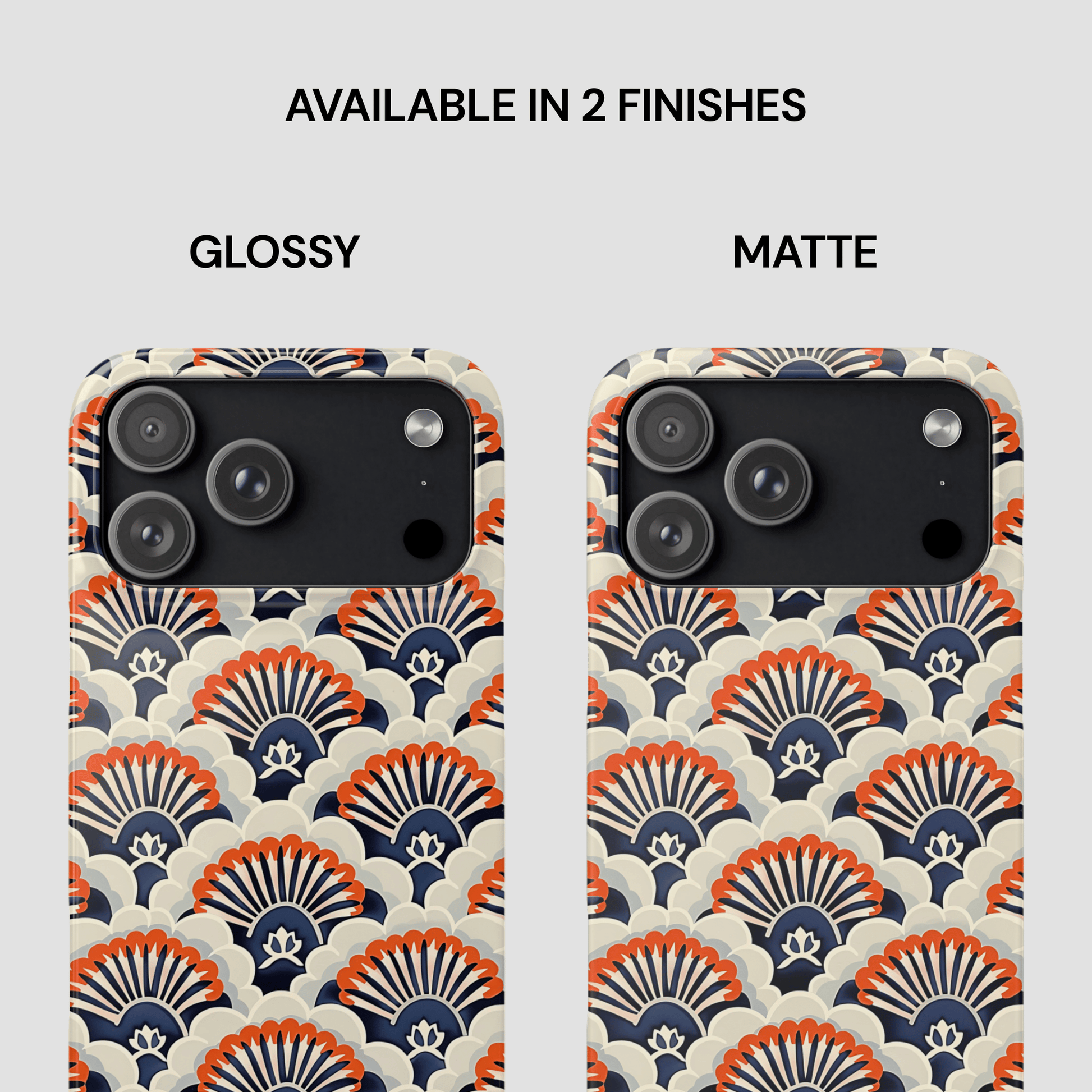 Two phone cases with a geometric pattern, one glossy and one matte, on a white background.