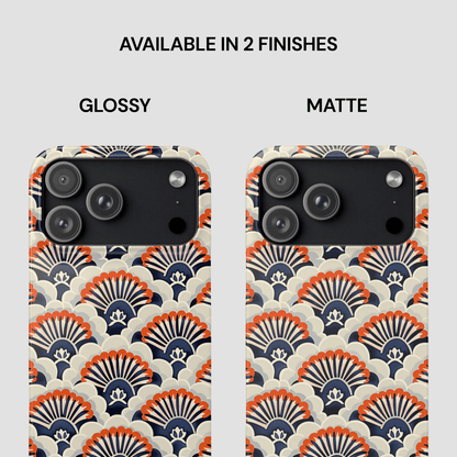 Two phone cases with a geometric pattern, one glossy and one matte, on a white background.