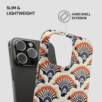Phone case with a floral pattern next to an iPhone, highlighting 'slim & lightweight' and 'hard shell exterior' features.