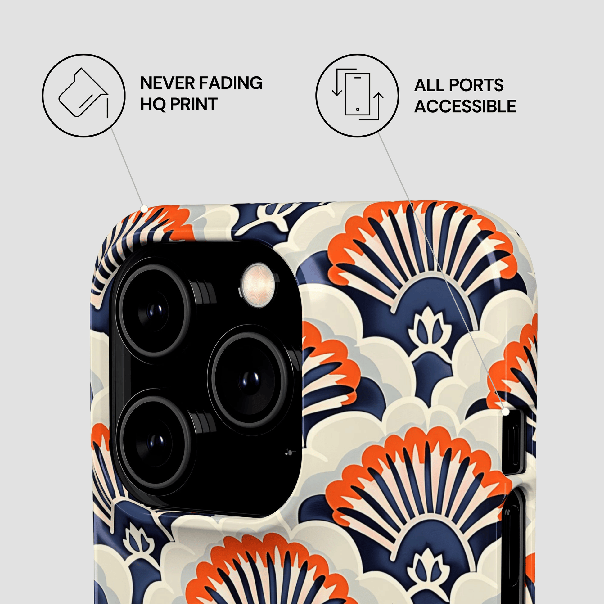 Phone case with a geometric pattern on a light gray background