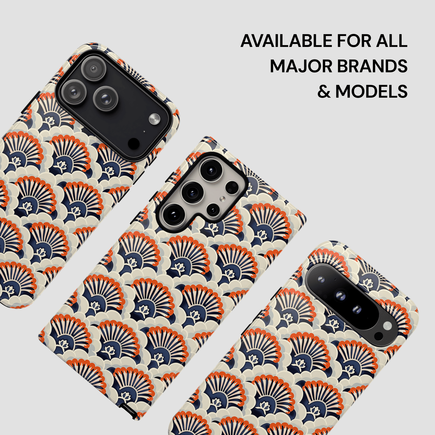 Patterned phone case on a white background with text 'Available for all major brands & models'.