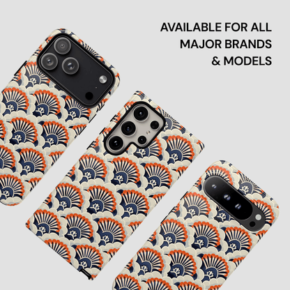 Patterned phone case on a white background with text 'Available for all major brands & models'.