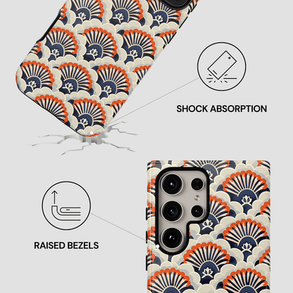 Phone case with shell pattern and features highlighted on a white background