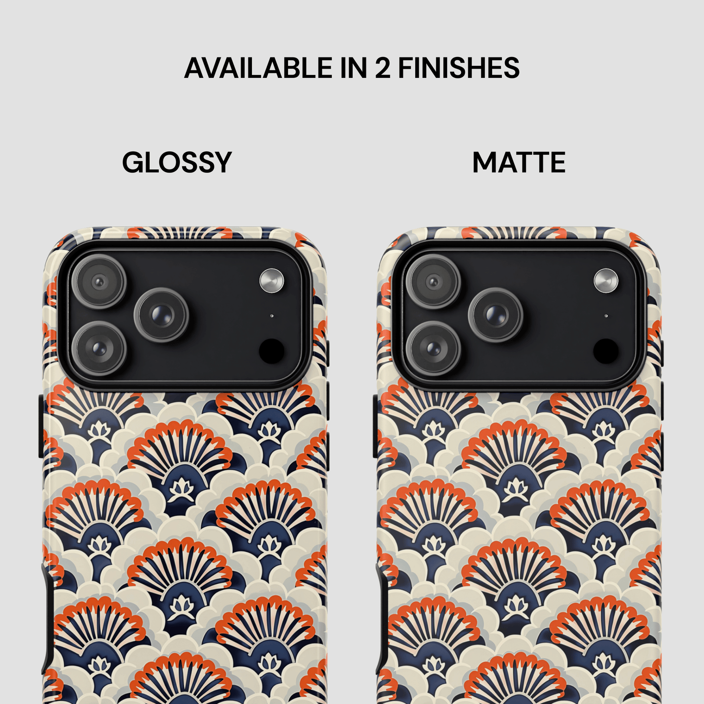 Two phone case designs with a pattern, labeled 'Glossy' and 'Matte', on a white background.