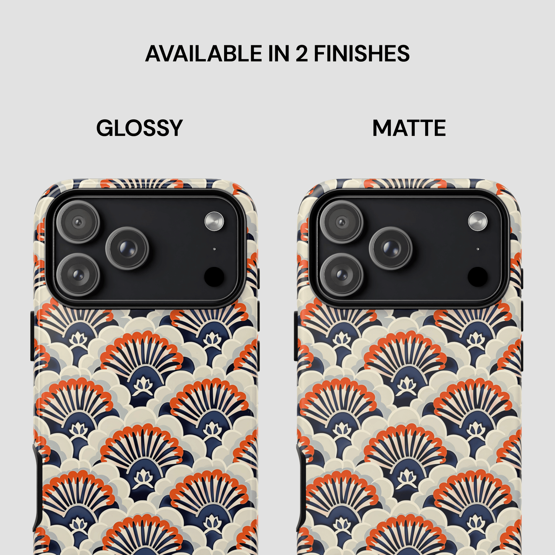 Two phone case designs with a pattern, labeled 'Glossy' and 'Matte', on a white background.
