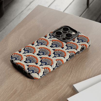 Phone case with a geometric pattern on a wooden surface