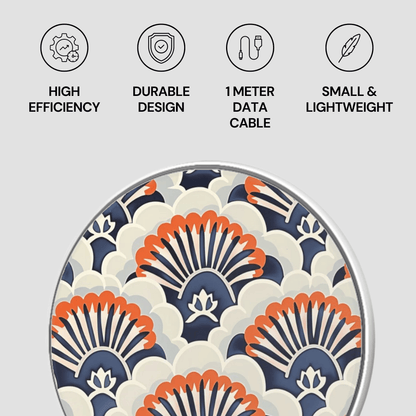 Patterned product with icons and text highlighting features on a light gray background