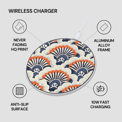 Wireless charger with decorative pattern on a light gray background