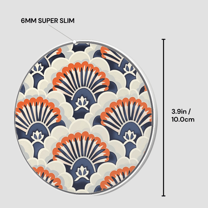 Decorative circular object with a pattern, labeled '6MM SUPER SLIM' and '3.9in / 10.0cm'.