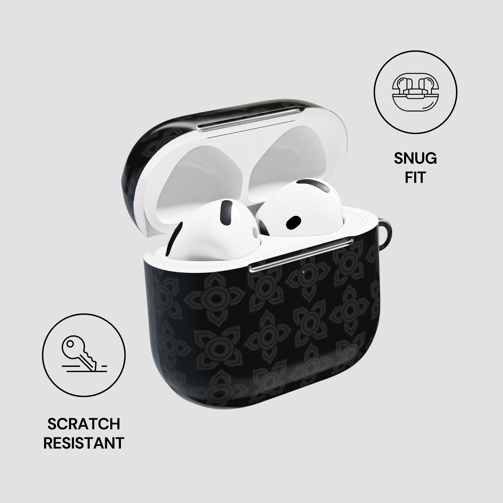 Black wireless earbuds case with white earbuds on a light gray background