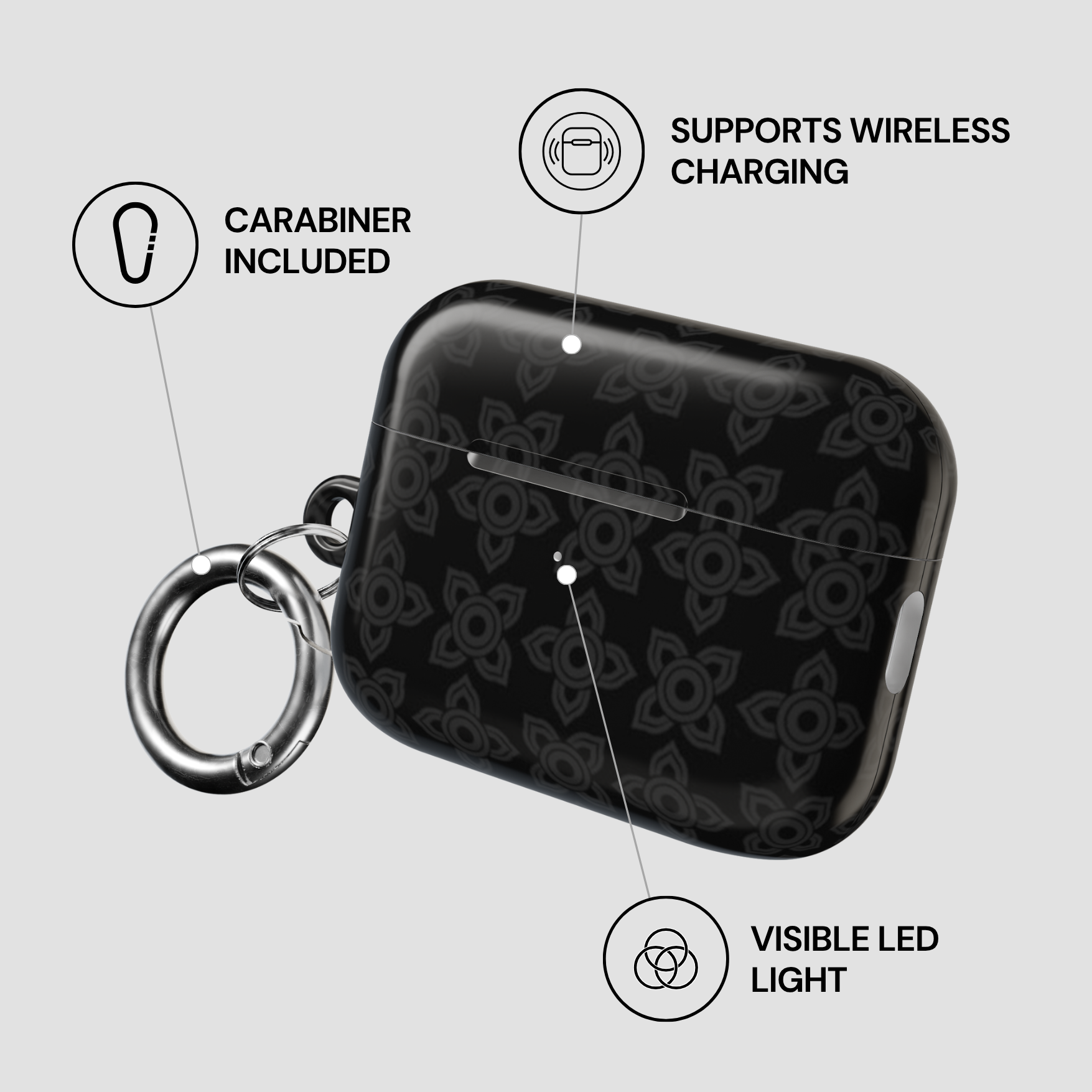 Black case with carabiner and wireless charging features on a gray background