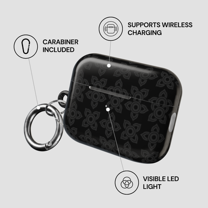 Black case with carabiner and wireless charging features on a gray background