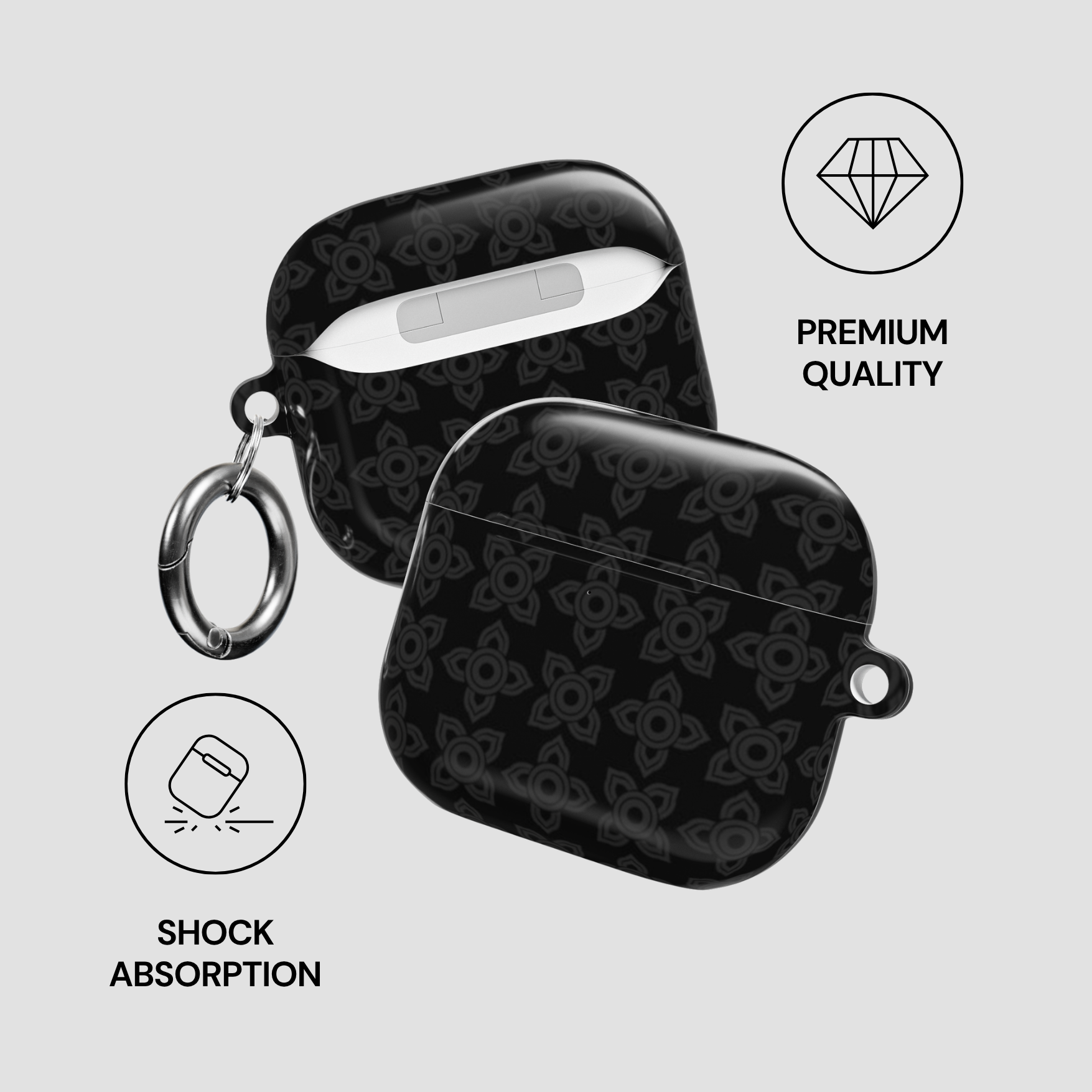 Black wireless earbud case with keychain on a light gray background, featuring icons and text about premium quality and shock absorption.