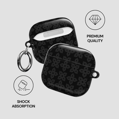 Black wireless earbud case with keychain on a light gray background, featuring icons and text about premium quality and shock absorption.