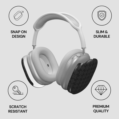 Gray headphones with colorful design on ear cups, featuring icons and text describing features.