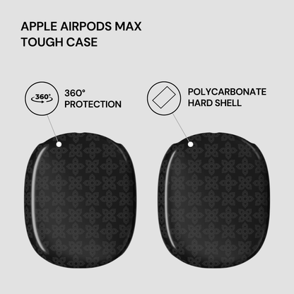 Black tough case for Apple AirPods Max with text highlighting features on a light gray background